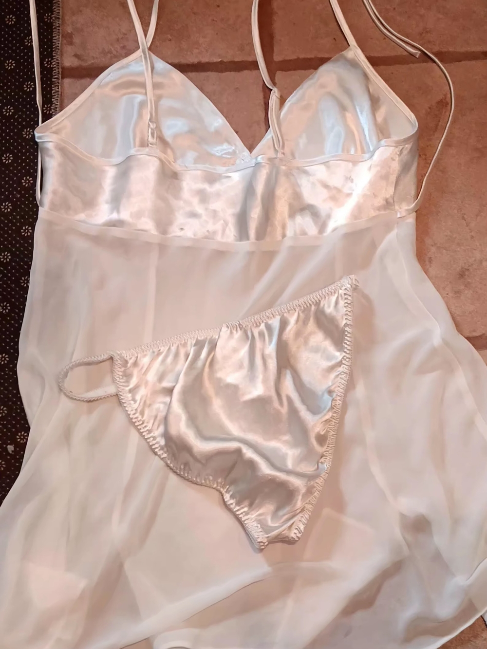Sheer Ivory and Chiffon Chemise with Floral Accents Matching Panties - Picture 3 of 6